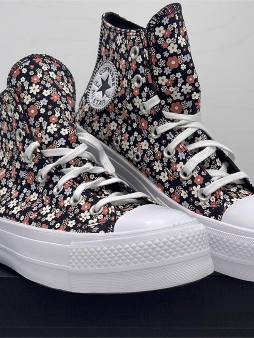 Converse High Top Floral Platform Sneakers - Black with Pink & White Flowers